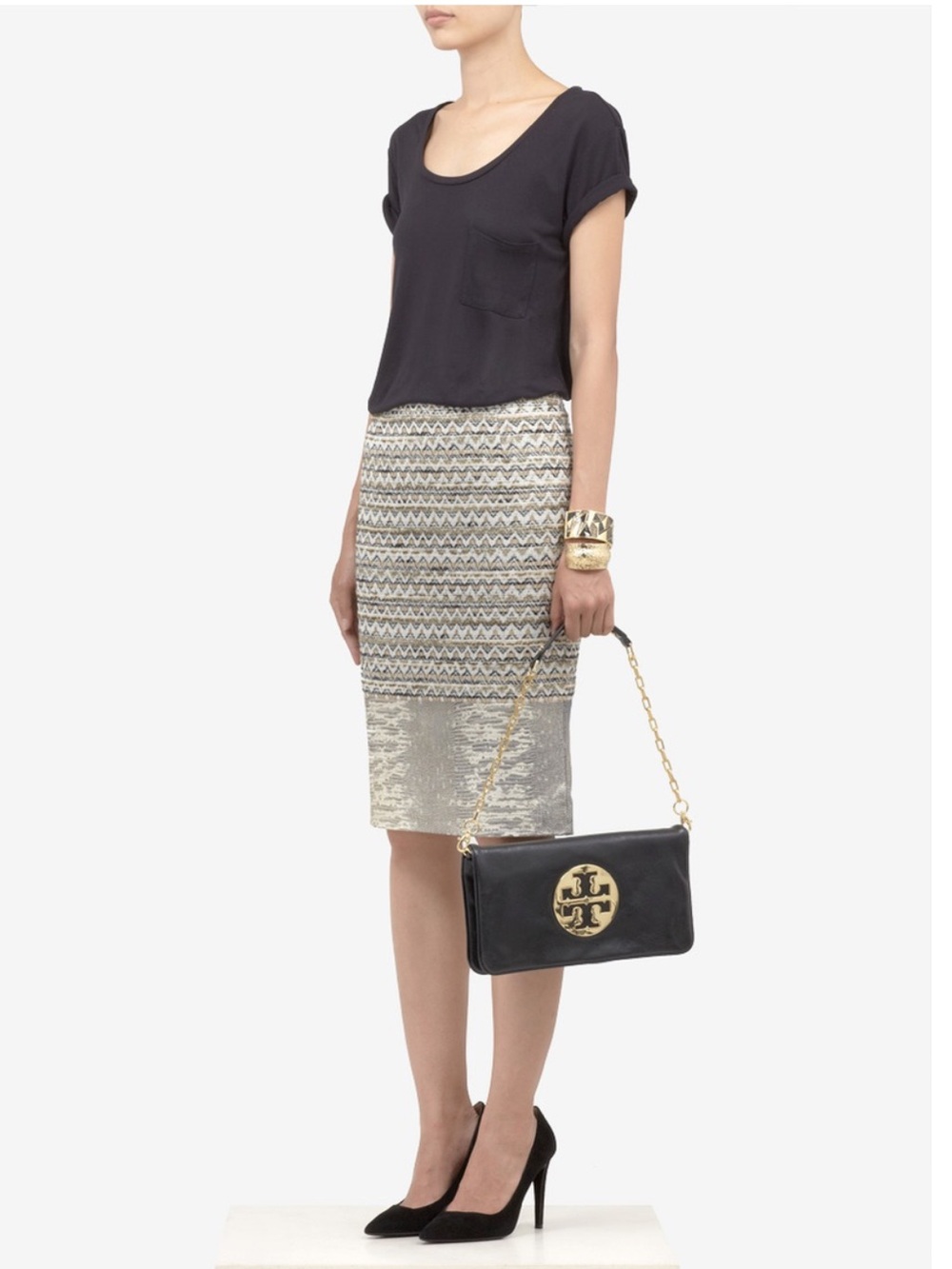 Tory Burch Black Leather Reva Chain Clutch with Gold Logo